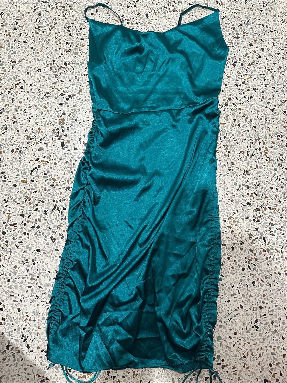 Teal Satin Slip Dress with Side Ruching